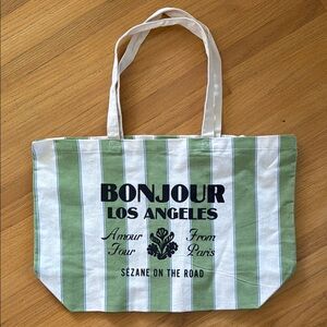 Green and White Striped Sezane Tote Bag